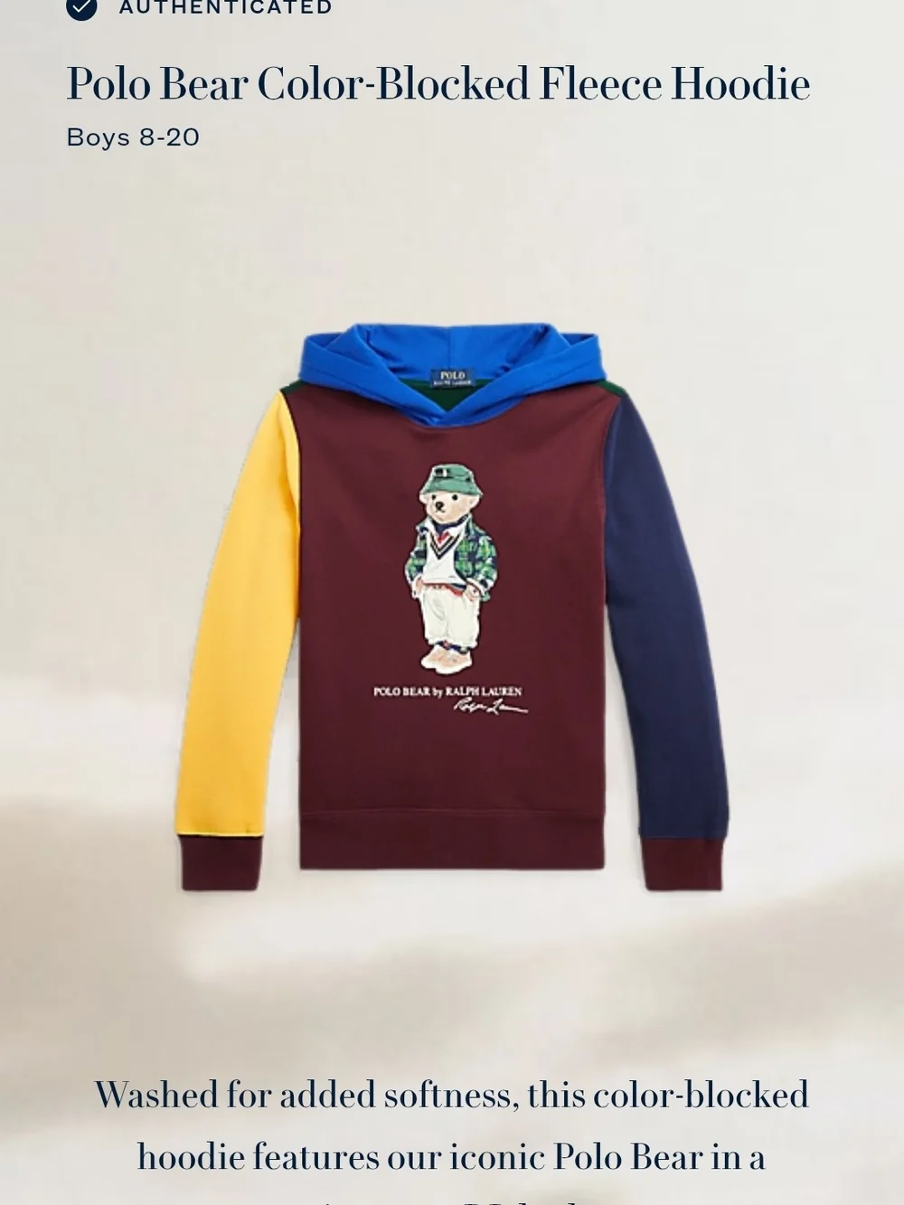 Ralph Lauren Kids Colorblock Polo Bear Hoodies in Gray, Burgundy, Blue & Yellow